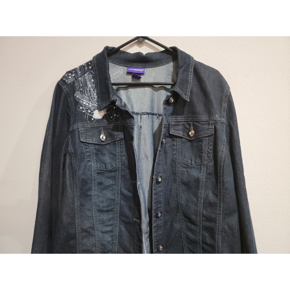 Catherines Jean Jacket Blue Denim Women's Plus 0X Feather Embroidery Embellished